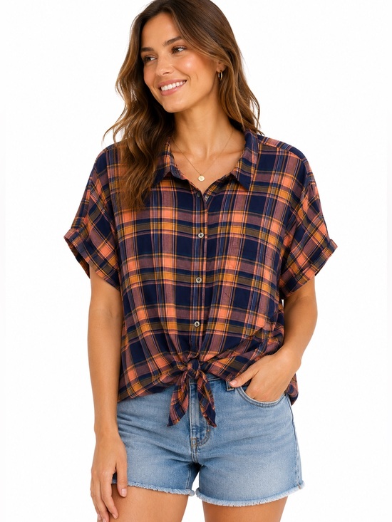 Madewell Tops - Madewell Women’s XL Plaid Tie Front Short Sleeve Button Shirt 100% Cotton
